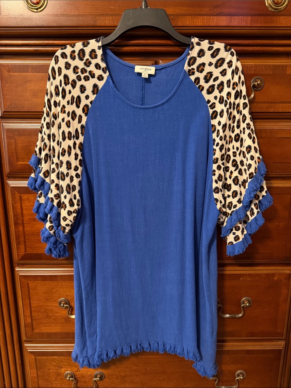 Umgee Cobalt Blue Tunic with Leopard Raglan Sleeves